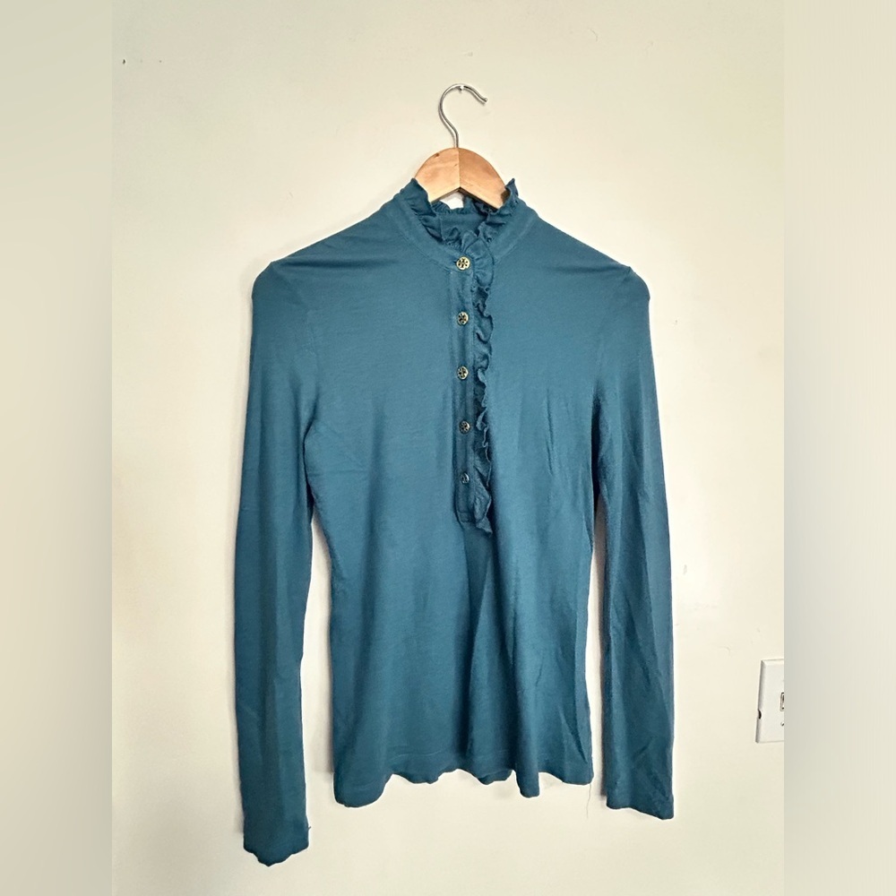 Tory‎ Burch blouse teal button neck size small